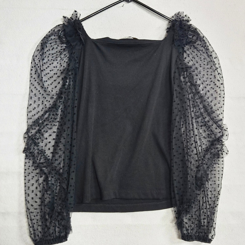 LOFT Black Ribbed Square Neck Top Sheer Polka Dot Ruffle Mesh Long Sleeve Medium